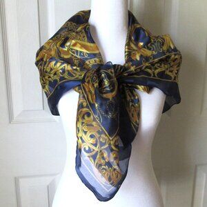 THE LIMITED Scarf Navy Blue and Gold Flowers and Chains 100% Polyester Italy
